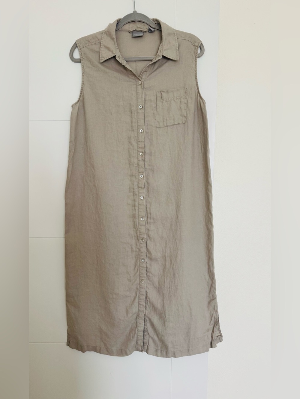 Kenar Linen Shirtdress Button Down Midi Shift Smart Casual Pocket Beige Sz 10